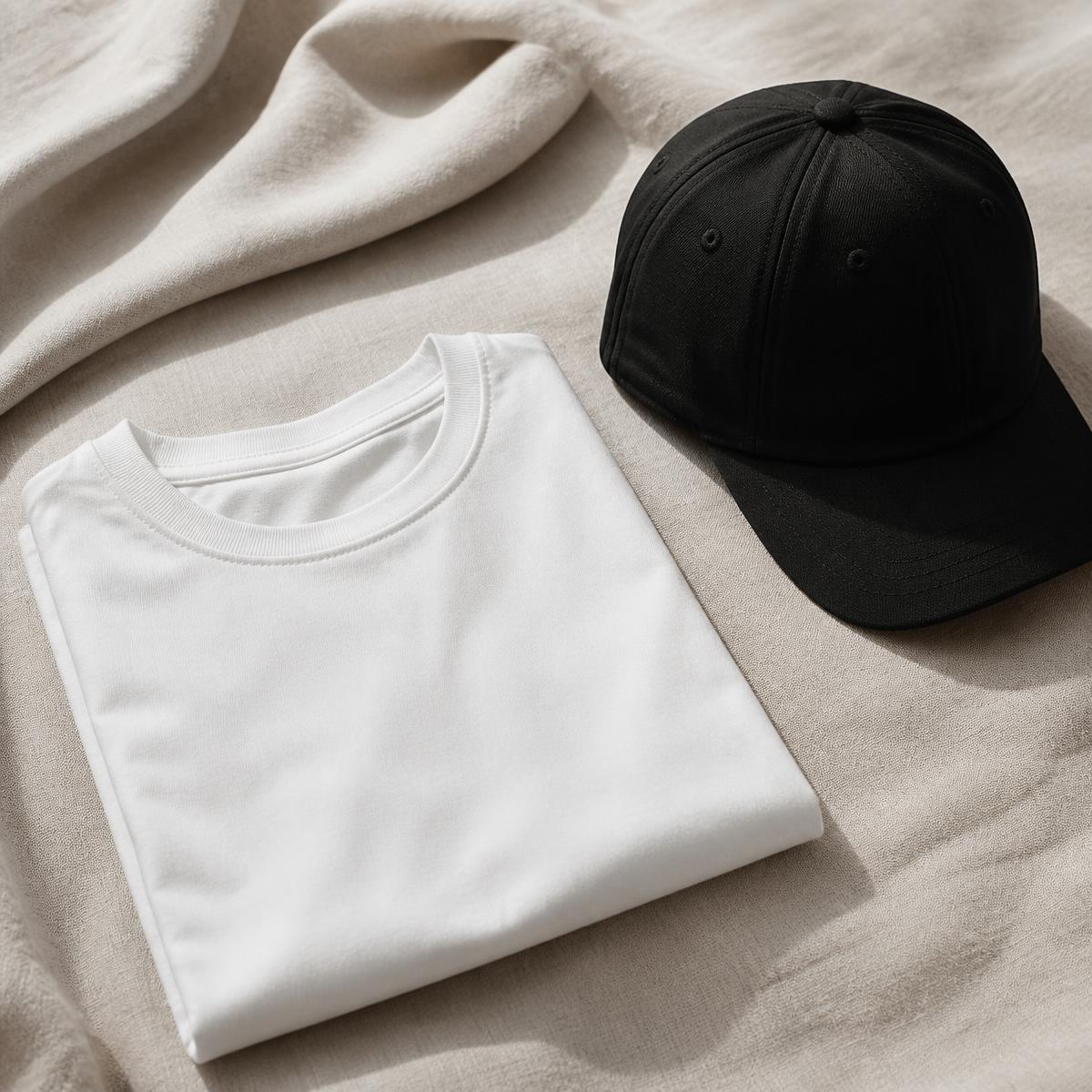 Essenciais — Camiseta branca · Boné preto