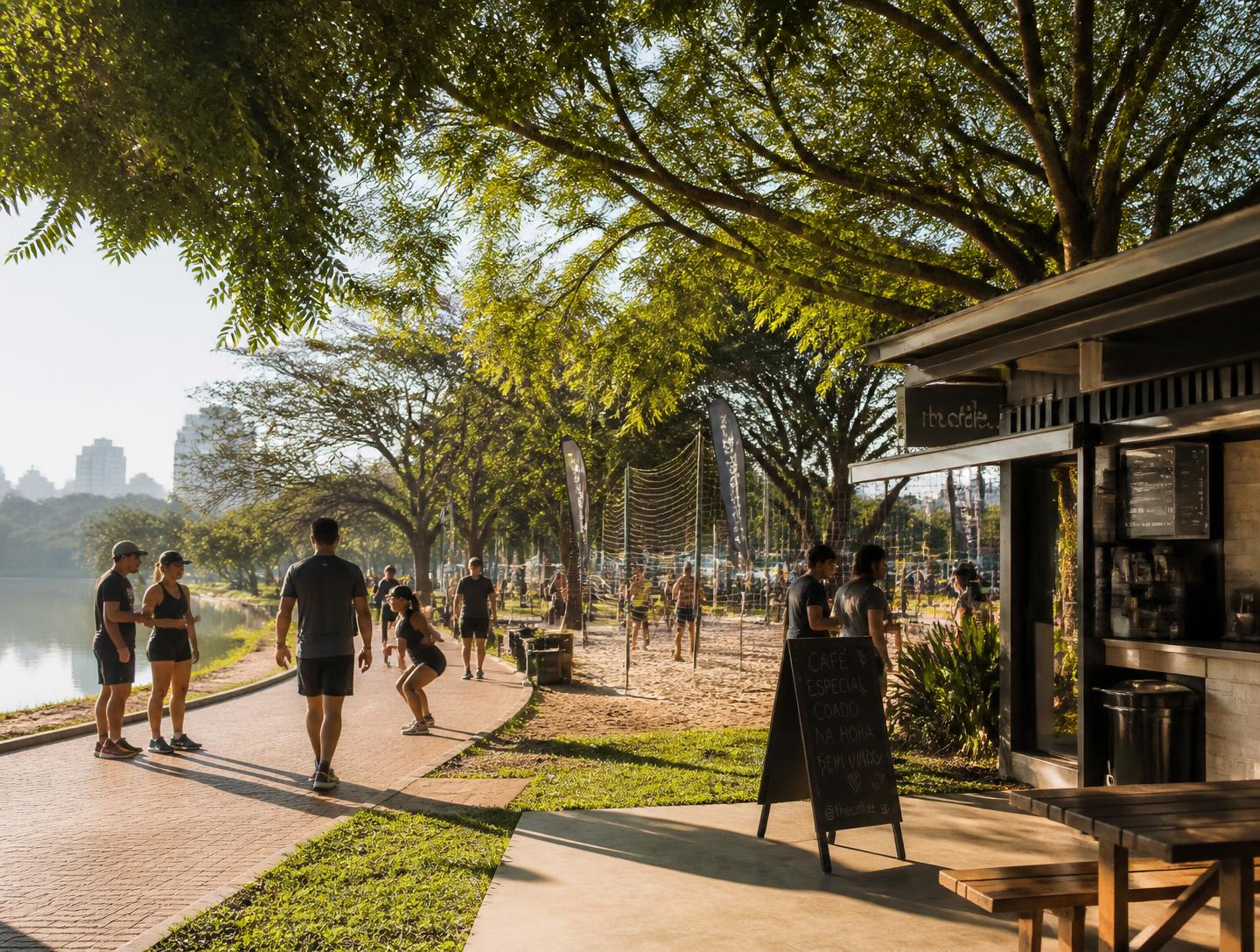 Quiosque de café especial e quadras de areia na orla do Parque Villa-Lobos pela manhã